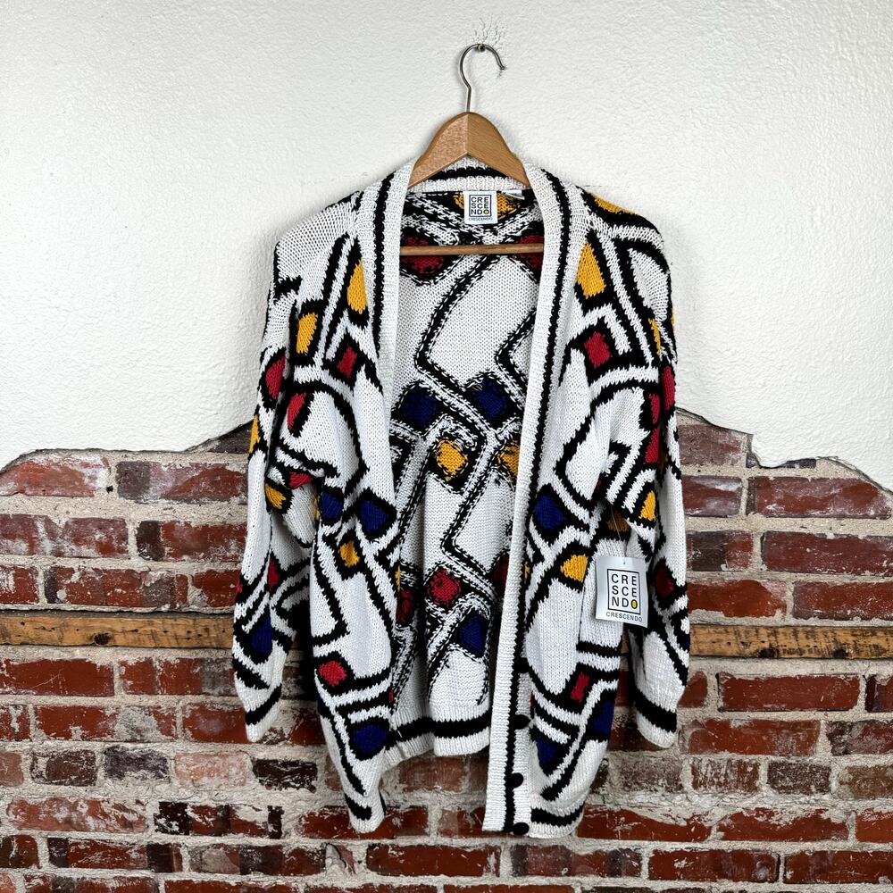 Vintage Crescendo Sweater Sz Medium Multicolor Abstract Cotton Cardigan NWT 90s